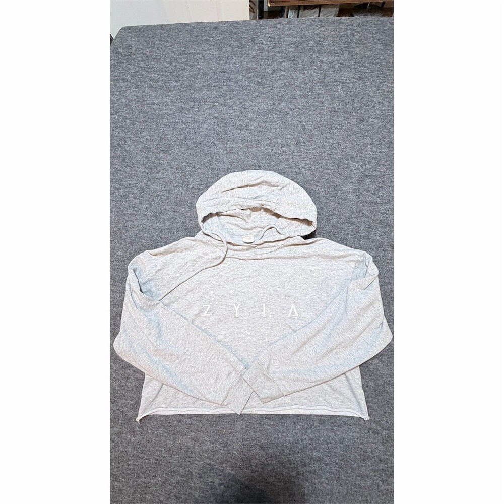 ZYIA Active Hoodie Womens M Heather Gray Cropped Raw Edge Logo Pullover
